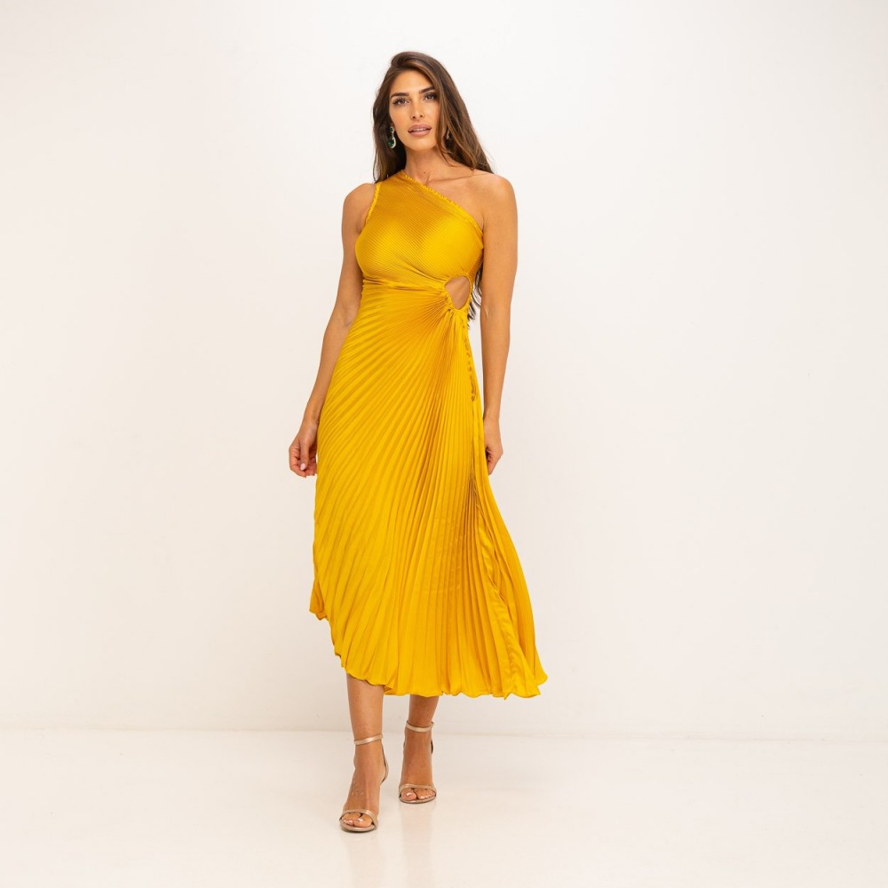 robe plissee habilee jaune moutarde elegance showroom isle sur la sorgue